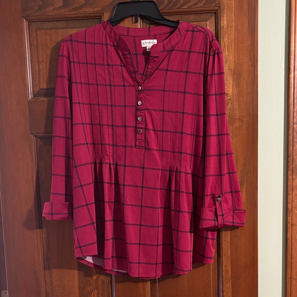 Wonderly Burgundy Plaid Button-Up Blouse